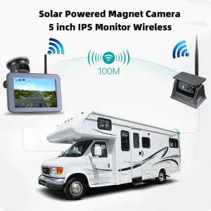 Wireless Solar Powered Backup Camera AHD 5 Inch Rear View Monitor Wide Angle Night Vision Long Range Transmission Waterproof