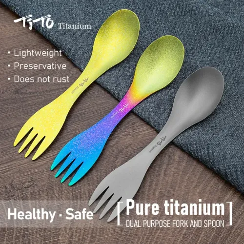 TiTo Portable Titanium Outdoor Camping Spoon Accessories Picnic Hiking Travel Tableware 2 in 1 Ultralight Kitchenware
