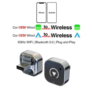 2in1 Wireless CarPlay Android Auto Adapter Convert Wired to Wireless with 5GHz WiFi USB Type C Plug and Play for Factory Car Systems