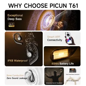 Picun T61 Bone Conduction Earbuds Wireless bluetooth Earphone Deep Bass AAC Audio Dual-Mic AI Noise Cancelling 80H Battery Life IPX8 Waterproof Earhooks Sports Headphones