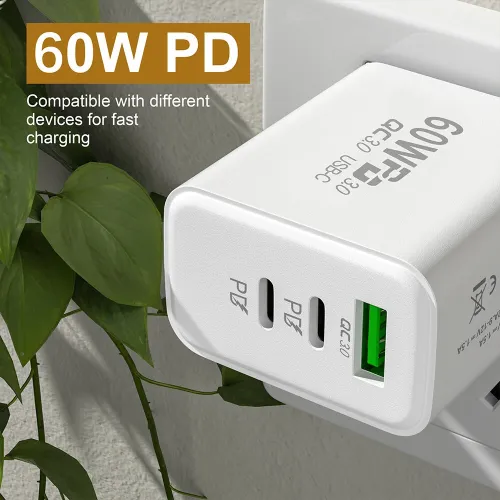 APD-60 60W 3-Port USB PD Charger Dual USB-C+USB-A PD QC3.0 Fast Charging Wall Charger Adapter EU Plug US Plug for iPhone 12 13 14 14Pro 14 Pro Max for Huawei Mate50 for Samsung Galaxy S23 for Redmi K60