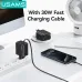 [GaN Tech] USAMS CC241 30W 2-Port USB Charger Built-in Type-C Telescopic Cable PD QC Fast Charging Wall Charger Adapter EU Plug for iPhone 16 16 Pro 15 Pro Max for Samsung Galaxy Z Flip6 for Xiaomi MIX Fold4