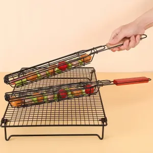2PCS Stainless Steel Wooden Handle BBQ Grill Basket Sausage Hot Dog Basket Non-stick Barbecue Cages Barbecue Grill Grate Camping Picnic Cookware Outdoor