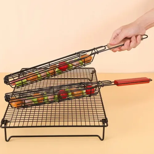 2PCS Stainless Steel Wooden Handle BBQ Grill Basket Sausage Hot Dog Basket Non-stick Barbecue Cages Barbecue Grill Grate Camping Picnic Cookware Outdoor