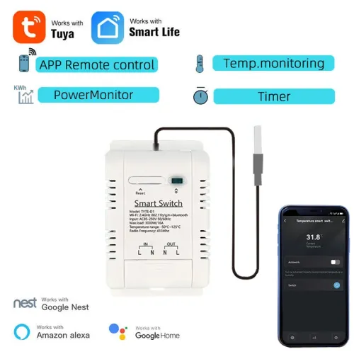 16A Tuya Smart WiFi Temperature Switch Intelligent Energy Circuit Breaker Real-time Temperature Measurement Timing&Schedule Function Voice Control with Alexa Google Home