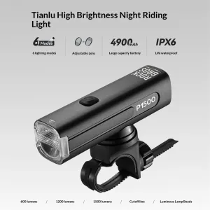 ROCKBRO1500/1200/600LM Bicycle Headlights 6 Lighting Modes Type-Charging IPX6 Waterproof Bike Cycling Frontlight with 120 Wide-angle Beam