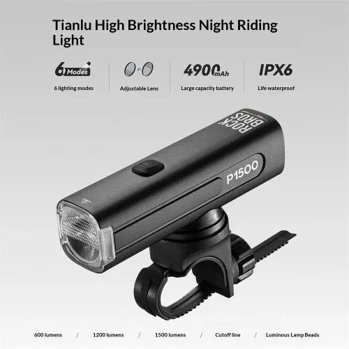 ROCKBRO1500/1200/600LM Bicycle Headlights 6 Lighting Modes Type-Charging IPX6 Waterproof Bike Cycling Frontlight with 120 Wide-angle Beam