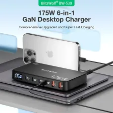 [GaN Tech] Blitzwolf BW-S30 175W 6-Port USB PD Charger 4USB-C+2USB-A QC PD Digital Display Fast Charging Desktop Charging Station for iPhone 16 16 Pro 15 14 13 Pro Max for MacBook Pro for Airpods for Apple Watch