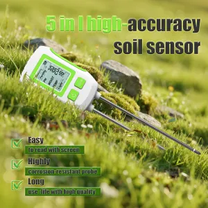 5 in 1 High Accuracy Soil Sensor Tester Moisture pH Fertility Temperature Sunlight Meter Corrosion Resistant Probes LCD Display Anti Slip Handle