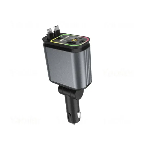 120W 4 in 1 Fast Charging Car Charger Retractable USB Charger with Ambient Light and 2 USB Ports Adapter Type C Apple Charger Port Cable