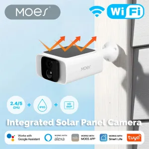 MOES WCM-S26 4MP Tuya Smart WiFi Camera with Integrated Solar Panel Dual Band Wireless Color Night Vision Human Motion Detect 2-Way Talk IP65 Waterproof Outdoors Surveillance Cameras Work with Alexa Google Assistant