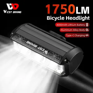 WESBIKING 1750Lm Super Brightness Bike Headlights 4000mAh Battery Waterproof 4 Light Modes Type-Rechargeable Aluminum Alloy Mini Front Light for Electric Bike Scooter MTB Bicycle