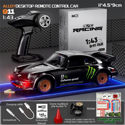 88RC 911 RTR 1/43 2.4G 4WD Drift RC Car Gyro Alloy Body Shell Desktop Full Proportional Mini Race LED Light Radio Control High-Speed Motor On-Road Racing Vehicle Model Boys Gifts Toys