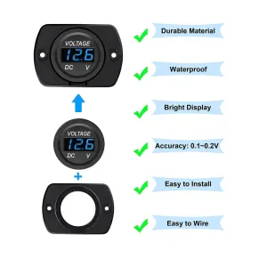 12V 24V Car Voltmeter LED Digital Display Panel Waterproof Waterproof Round Voltage Gauge with Terminals for Car Motorcycle Travel Trailer Truck Boat ATV UTV