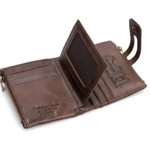 BULLCAPTAIN Mens Retro Genuine Leather Wallet RFID Anti-thef Multicard Slot Wallet Card Holder Double Zipper Coin Purse Cowhide Leather Wallet