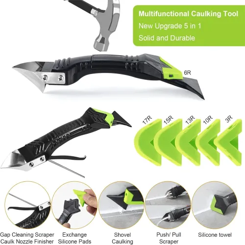 Caulking Tool 5 in 1 Silicone Caulking Grout Removal Sealant Finishing Tool with Grout Scraper 6 Exchange Silicone Pads