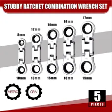 5-Piece Flex-Head Stubby Ratcheting Combination Wrench Set Mini Wrench Set Double Box End Flex-Head Mini Spanner Set