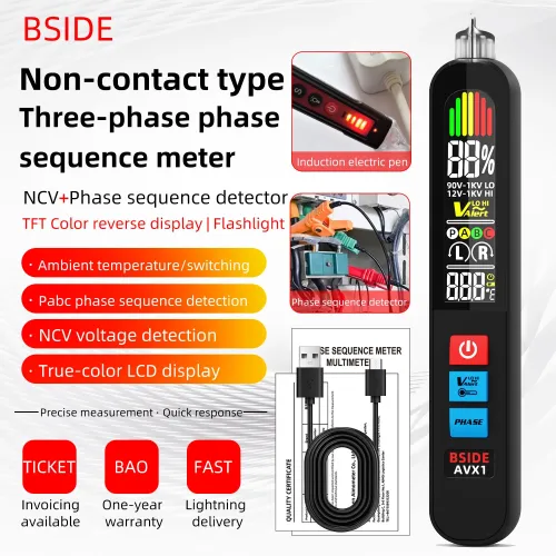 BSIDE AVX1 Non-Contact Phase Sequene Tester LCD Display Voltage Detection Temperature Measurement Rechargeable Lithium Battery Lightweight Compact Electrical Testing Tool