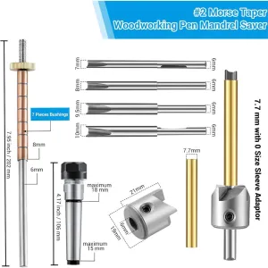 Woodworking Pen Mandrel Saver Pen Making Kit #2 Morse Taper Shank with 7mm Drill Bit Mill Cutter Head for Pen Turning Woodworking Lathe Accessory