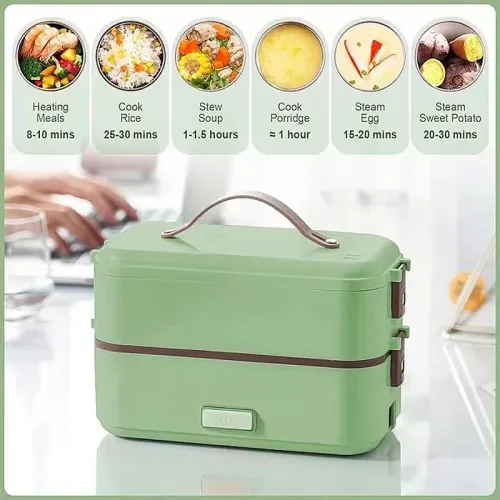 2 Layer 300W Portable Electric Lunch Box Food Warmer for Travel Self Cooking Heated Lunch Box for Home Office Cooking Food