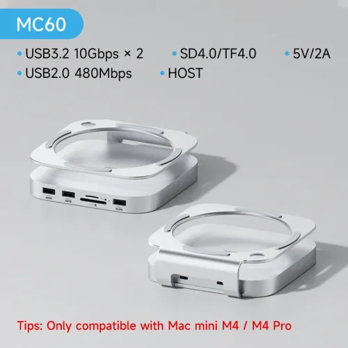 Hagibis MC60 MC60H USB-C Hub with M.2 SSD Enclosure for Mac Mini M4/M4 Pro Stand Type-C Docking Station SSD Case USB3.2 Gen2 SD4.0 TF4.0 4K HD