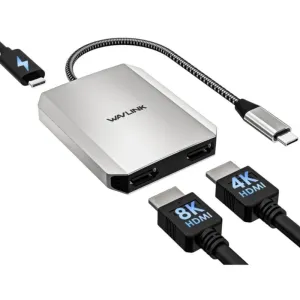 WAVLINK USB-C to HD Dual Display Adapter Single 8K@30Hz/4K@120Hz Dual 4K@60Hz 3-In-1 Splitter Hub with 95W Power Delivery Dual Monitors Video Adapter USB3.1 Hub