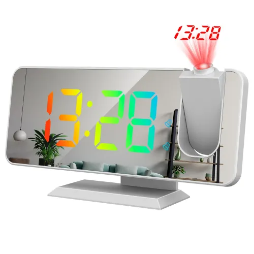 AGSIVO LED RGB Digital Projection Alarm Clock with 180 Rotatable Projector / 11 Colors / Mirror Surface / Snooze / 6-Level Brightness Dimmer / Clear LED Display / USB Charger For Bedroom Living Room