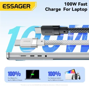 ESSAGER ES-X53 5A 60W/100W USB-C to USB-C Cable Fast Charging Data Transmission Copper Core Line 1M Long for iPhone 15 15 Plus for Huawei Mate60 for Xiaomi 14pro for Oppo Find X7