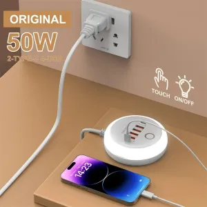 50W 6-Port USB PD Charger 4USB-A+2USB-C PD Fast Charging Power Strip with Touch Light EU Plug US Plug for iPhone 16 16Pro 15 14 13 Pro Max for Samsung Galaxy Z Flip6 for Xiaomi 15pro for Huawei Mate XT