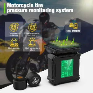 Solar Charging TPMS Motorcycle Tire Pressure System Tyre Temperature Alarm LED Display IP67 Waterproof
