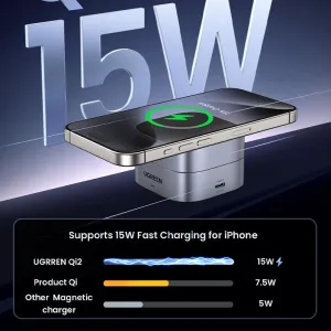 Ugreen Qi2 15W Magnetic 2 in 1 Adjustable Viewing Wireless Charger Fast Wireless Charging Stand for Smart Phones for iPhone 15 14 13 Pro for Samsung Galaxy Z Fold 6 for Xiaomi Civi 4 Pro for Huawei Pura 70 Ultra for Airpods for Apple Watch