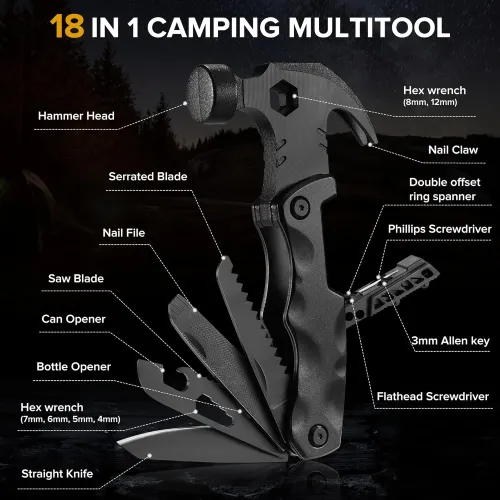 IPRee 18 in 1 Multifunctional Claw Hammer Nail Puller Combination Small Saw Bit Tool Outdoor Survival Camping Hiking Portable Hammer