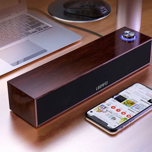 E350MB Wired bluetooth Soundbar Wooden Computer Speakers with Volume Knob Dual Speakers Deep Bass Support 3.5mm AUX Speaker Soundbar