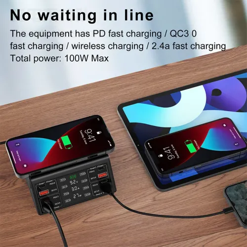 100W 8-Port USB PD Charger 4USB-A QC3.0+4USB-C PD3.0 Fast Charging Desktop Charging Station with 15W 10W 7.5W 5W Wireless Charger Pad EU Plug US Plug for iPhone 12 13 14 14Pro for Samsung Galaxy S23 for Oppo Reno9 for Redmi K60