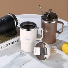 Double-Wall Coffee Office Mug 304 Stainless Steel Water Mug Cup With Spoon&Tea Strainer Leak Proof Anti Scalding Drinking Cup