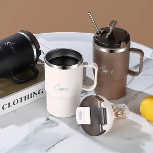 Double-Wall Coffee Office Mug 304 Stainless Steel Water Mug Cup With Spoon&Tea Strainer Leak Proof Anti Scalding Drinking Cup