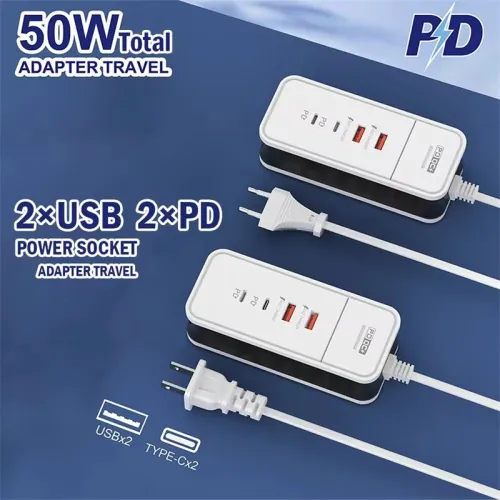 PD50W 4-Port Power Strip Dual USB+Dual Type-C PD QC3.0 Fast Charging Travel Charger Adapter EU Plug US Plug for iPhone 15 14 13 Pro for Huawei Nova Flip for Xiaomi MIX Fold4 for Samsung Galaxy Z Flip6