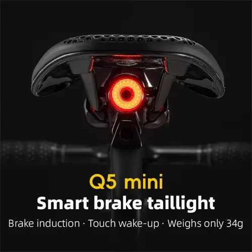 ROCKBROQ5 Mini Smart Auto Bike Taillight Vibration Sensing Light Sensitivity Brake Rear Light IPx6 Waterproof Type-Charging Bicycle Lump for MTB Road Night Cycling
