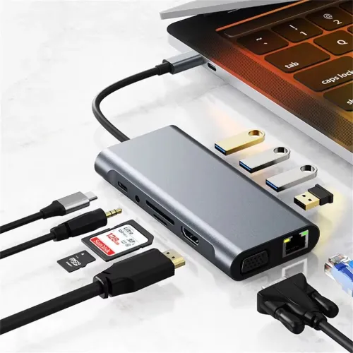 Bakeey USB-C 11 in 1 Docking Station with 4K@30Hz 1080P VGA 100W PD Charging RJ45 100M SD/TF Card Reader 3.5mm Audio USB Hub