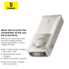 Baseus NOMOS 30W 37Wh 10000mAh Digital Display Power Bank Built-in Type-C Retractable Cable External Battery Power Supply Fast Charging for iPhone 15 14 13 for Samsung Galaxy S24 for Huawei Pura70 Ultra