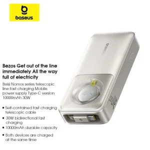 Baseus NOMOS 30W 37Wh 10000mAh Digital Display Power Bank Built-in Type-C Retractable Cable External Battery Power Supply Fast Charging for iPhone 15 14 13 for Samsung Galaxy S24 for Huawei Pura70 Ultra