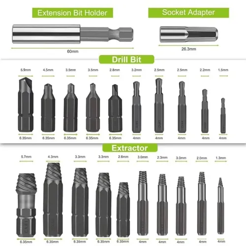 22pcs Screw Extractor Set High Speed Steel 4241 Magnetic Drill Bit Holder Stripped Damaged Screws Bolts Remover Tool