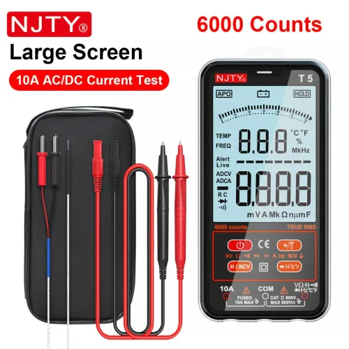 NJTY T5 Digital Multimeter 6000 Counts Smart Tester Measures Voltage Current Resistance Frequency Temperature Auto Ranging Battery Powered True RMS Large LCD Screen