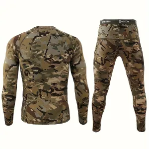 TENGOO Men's Camouflage Thermal Underwear Set,Long Sleeve Top Pant Sports Warm Suit, Crew Neck, High Stretch Knit Fabric, Outdoor Hiking Base Layer Skinny Fit