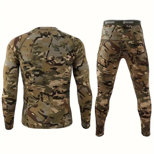 TENGOO Men's Camouflage Thermal Underwear Set,Long Sleeve Top Pant Sports Warm Suit, Crew Neck, High Stretch Knit Fabric, Outdoor Hiking Base Layer Skinny Fit