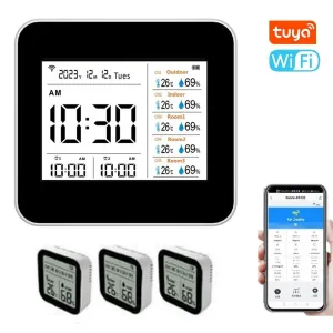 13 in 1 Tuya WIFI Intelligent Thermometer Hygrometer Indoor Accurate Temperature Humidity Gauge Monitor with Time/Calendar/Alarm Display Support Remote APP Control for Home Office