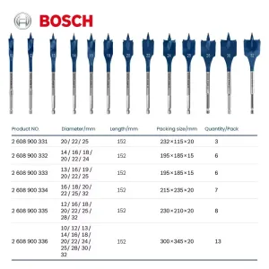 13pcs for Bosch Expert Series Wood Drill Bit Set 152mm Long Flat Milling Design Selfcut Speed Hex Shank for Impact Electric Drills Woodworking Tools