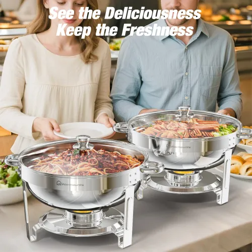 Warmounts 4-Pack Chafing Dish Buffet Set, 5QRound Buffet Servers and Warmers Set, Stainless Steel Catering Food Warmer with Glass Lid & Holder for Party Home Garden Wedding