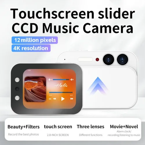 DC107 CCD 12MP HD Sliding Cover Digital Camera 4K Video Recording 2.8 Inch Touch Screen Beauty Selfie 3600mAh Battery OTG Triple Lens Camera System