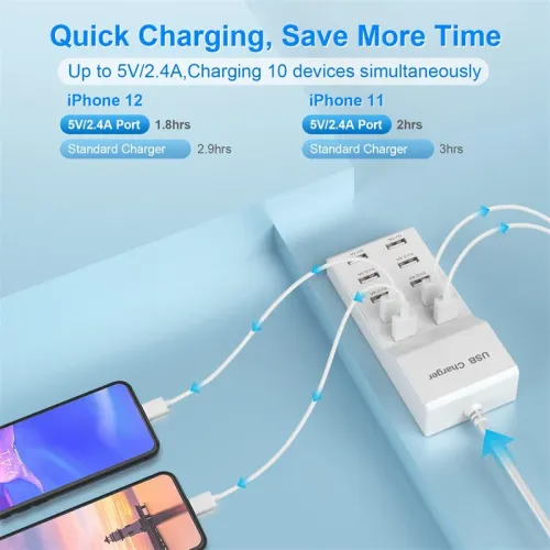 50W 10-Ports Power Hub Smart Plug Charging Dock 10xUSB-A Fast Charging Power Strip EU Plug US Plug for iPhone 15 14 13 for Huawei Pura 70 Ultra for Xiaomi Civi 4 Pro for Samsung Galaxy S24 for MacBook for iPads